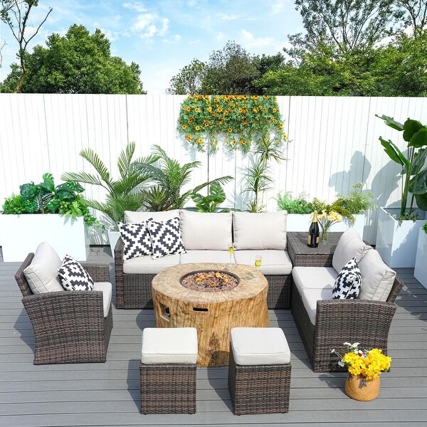 7piece Patio Wicker Garden Chat Sofa Set with Fire Pit and Storage Box