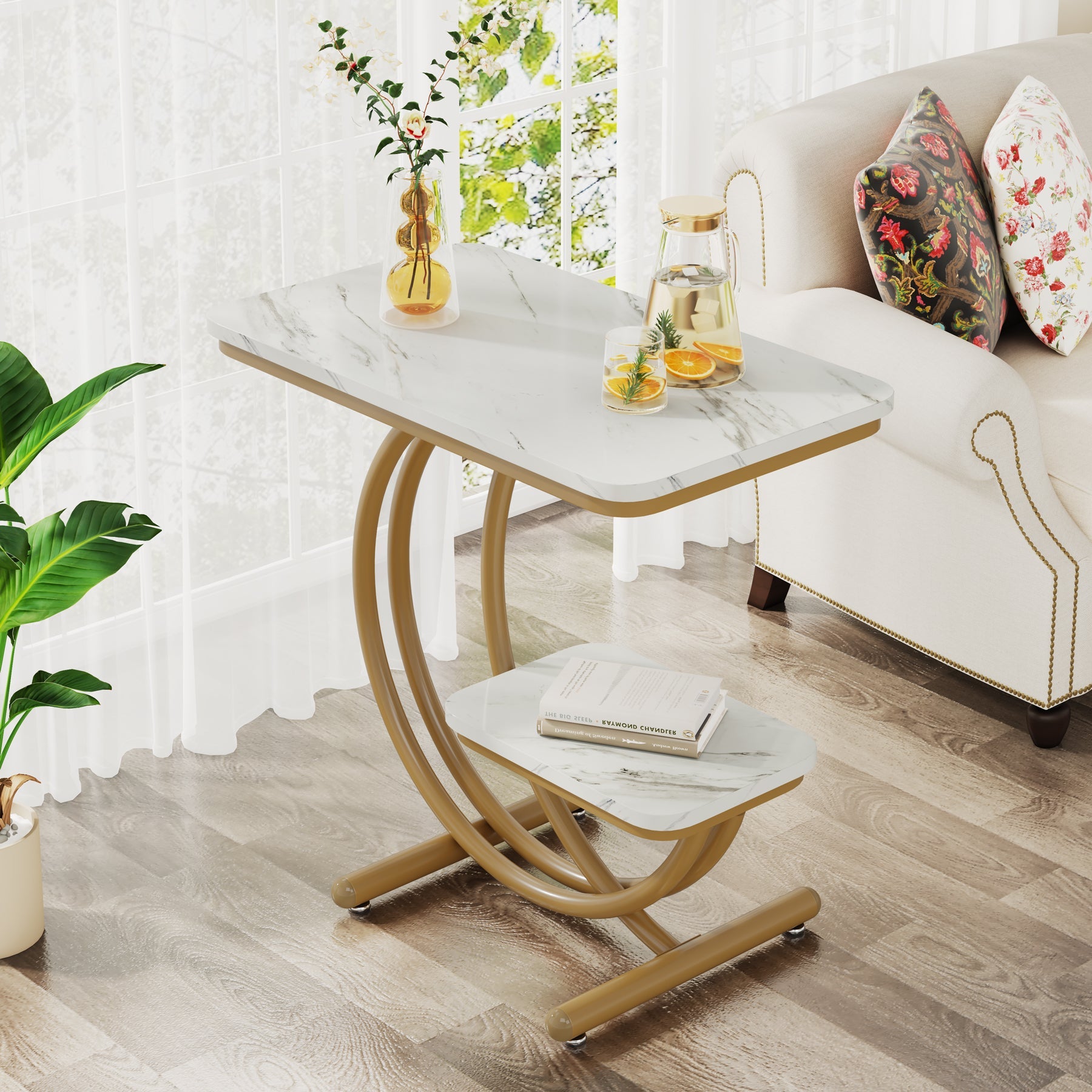 2-Tier End Table, Faux Marble Side Table with C-Shaped Metal Legs