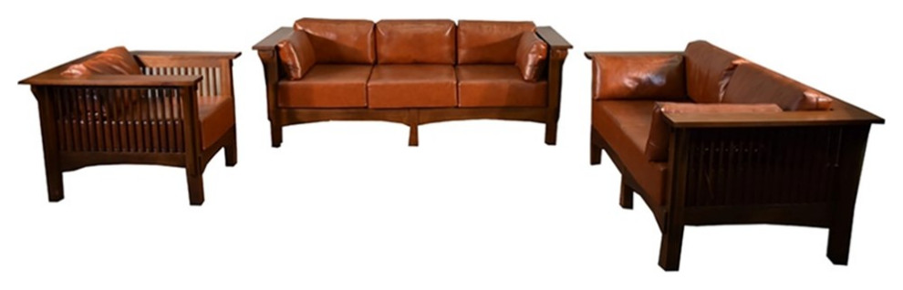 Arts and Crafts/Craftsman Crofter Style Love Seat Russet Brown Leather  RB1   Craftsman   Loveseats   by Homesquare  Houzz