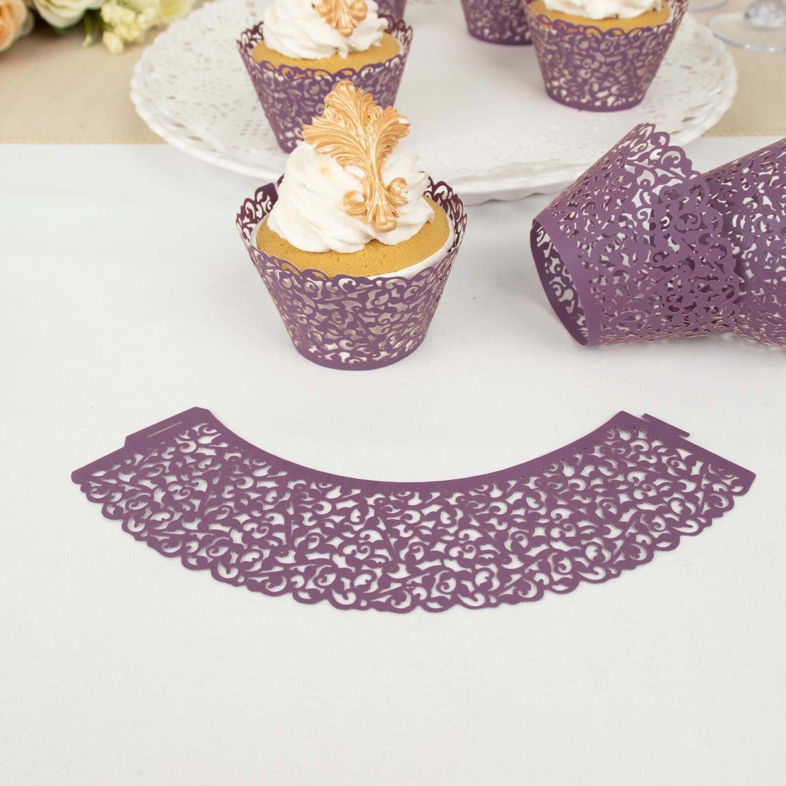 25 Pack Purple Lace Laser Cut Paper Cupcake Wrappers, Muffin Baking Cup Trays