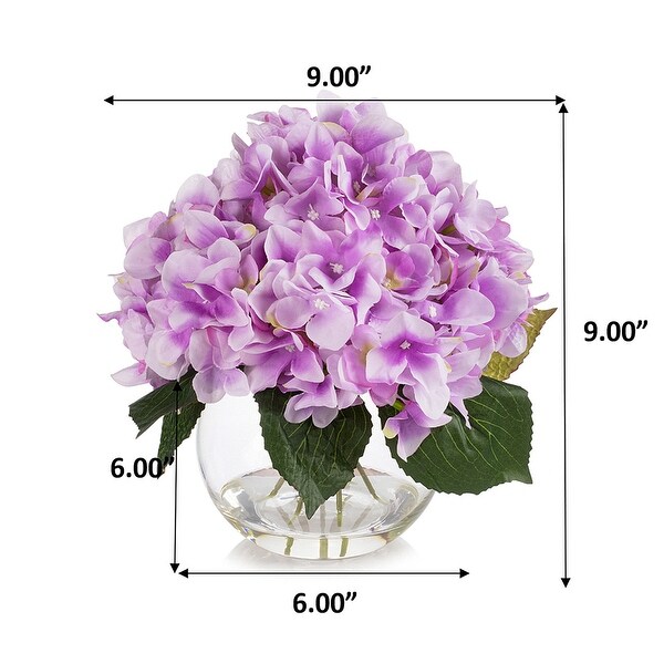 Hydrangea Artificial Flowers in Round Glass Vase with Faux Water，Silk Flower Arrangements in Vase for Home Decor，Wedding Table