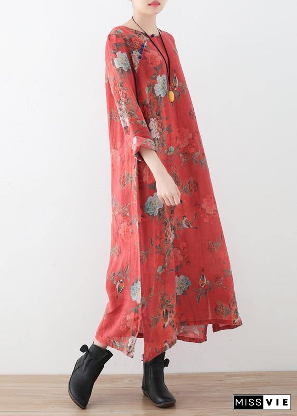 Women red linen outfit Fine Runway side open Maxi prints Dress