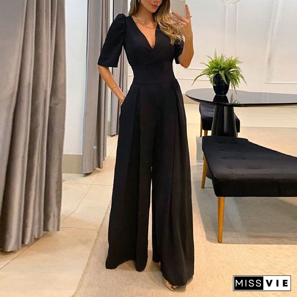 Sexy Solid Deep V Neck Half Sleeve Long Jumpsuit Fashion Waist Lace-up Wide Leg Pant Romper New Elegant Office Playsuit Overalls