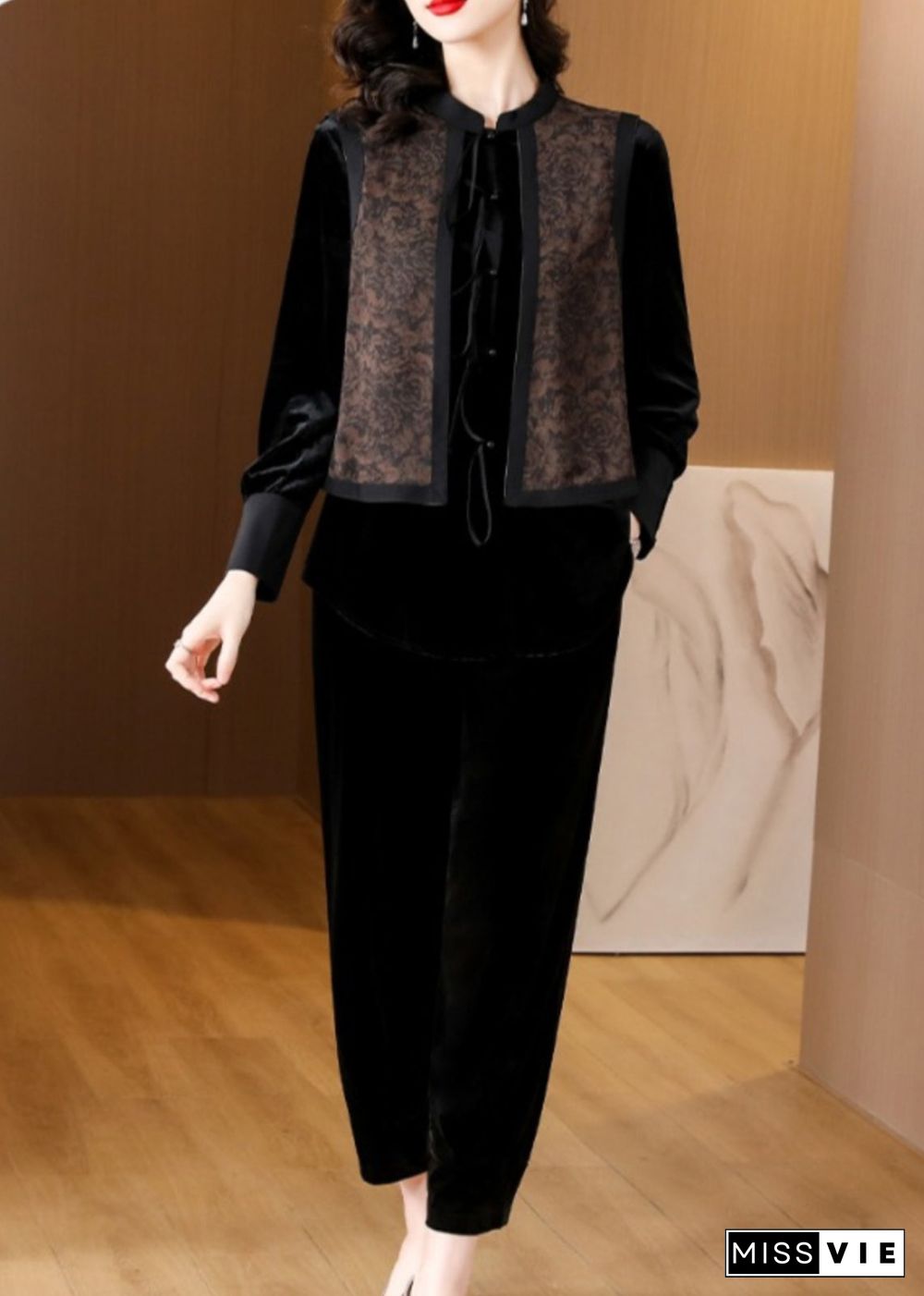 Black O-Neck Print Silk Velour Shirts And Harem Pants Two Pieces Set Fall