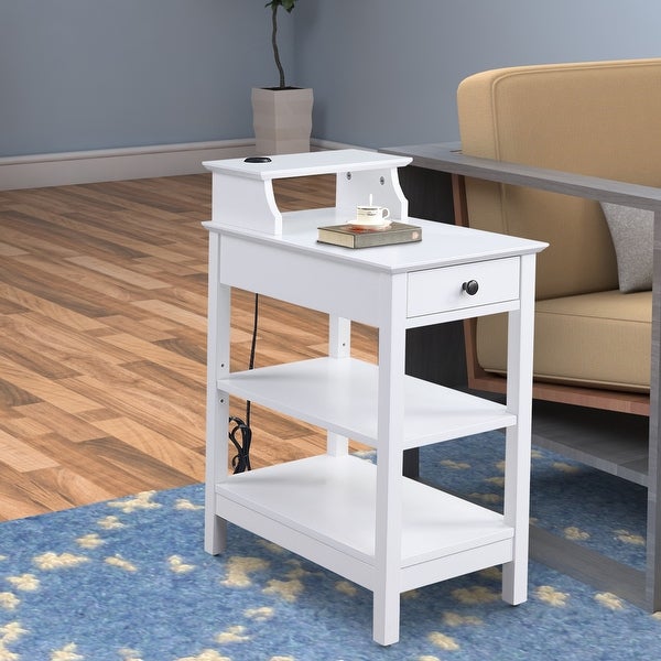 Wooden Frame Side Table with 3 Open Compartments and 1 Drawer， White