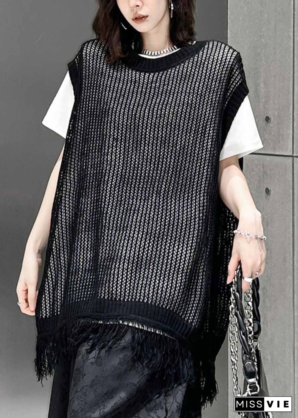 Plus Size Black O Neck Tasseled Patchwork Knitting Cotton Waistcoat Sleeveless