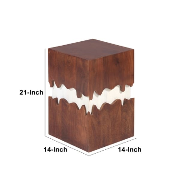 21 Inch Modern 2 T1 Acacia Wood Side End Table， Block Pedestal， Abstract Design， Walnut， White， Den， Bedroom， or Living Room