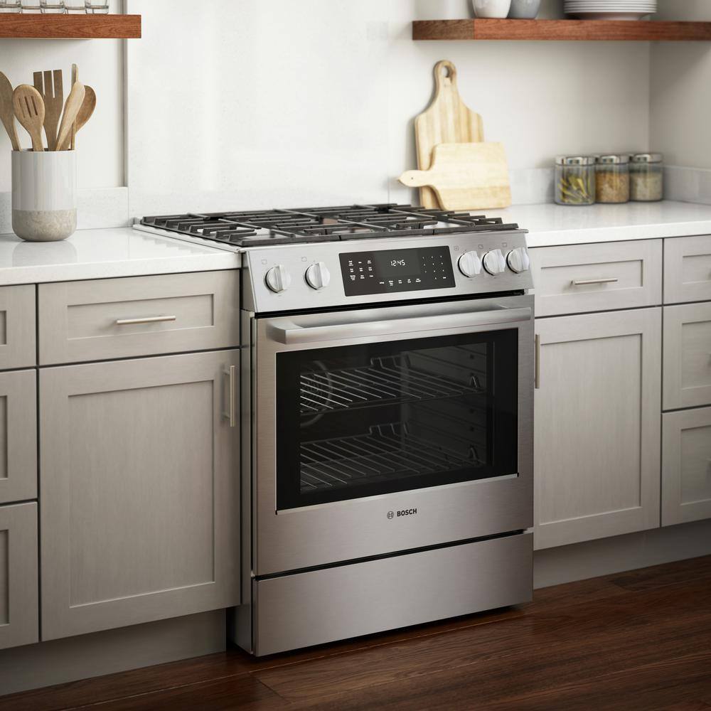 Bosch Benchmark Benchmark Series 30 in. 4.8 cu. ft. Slide-In Gas Range with Self-Cleaning Convection Oven in Stainless Steel HGIP056UC