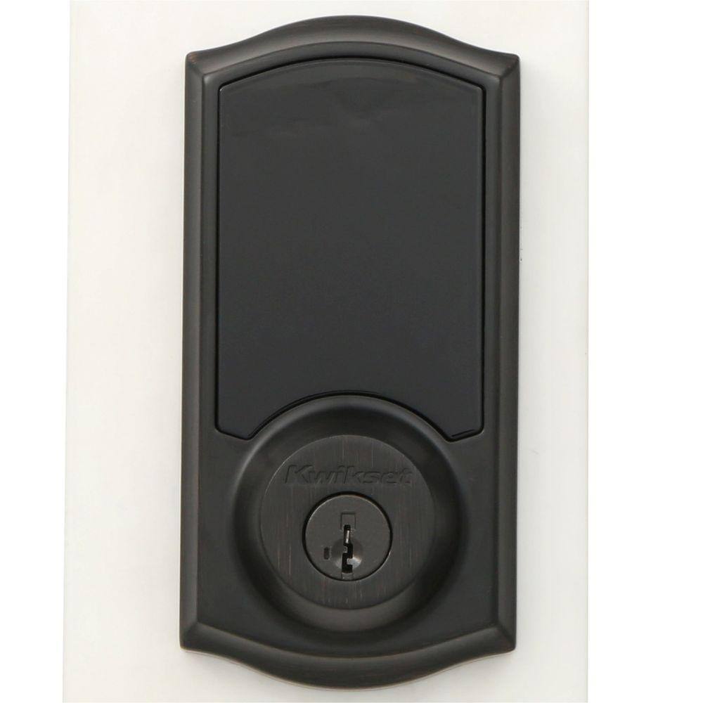 Kwikset SmartCode 915 Touchscreen Venetian Bronze Single Cylinder Electronic Deadbolt with Avalon Handleset and Tustin Lever 915AVL91511PCB