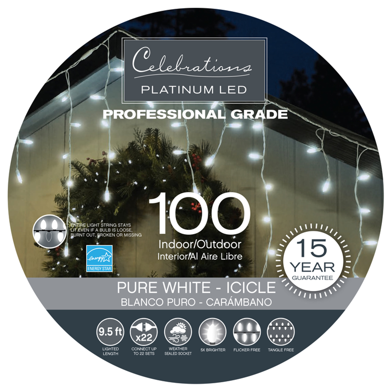 Celebrations Platinum LED T5 Pure White 100 ct Icicle Christmas Lights 9.5 ft.