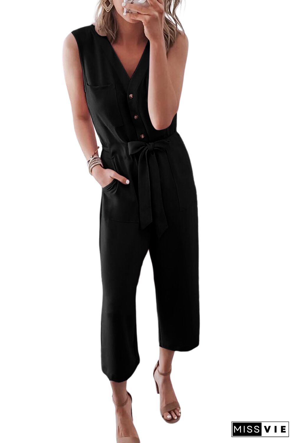 Black Buttoned Sleeveless Cropped Jumpsuit with Sash