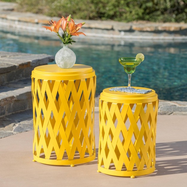 2pc Selen Outdoor Patio Iron Side Table Set Yellow Christopher Knight Home Lightweight Stackable Weather resistant Hand crafted Details