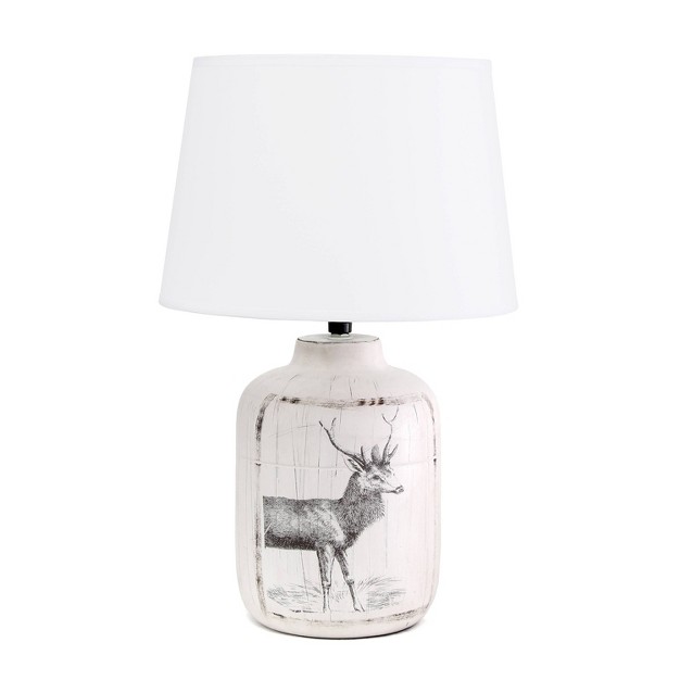 Rustic Deer Buck Nature Printed Ceramic Accent Table Lamp With Fabric Shade White Simple Designs