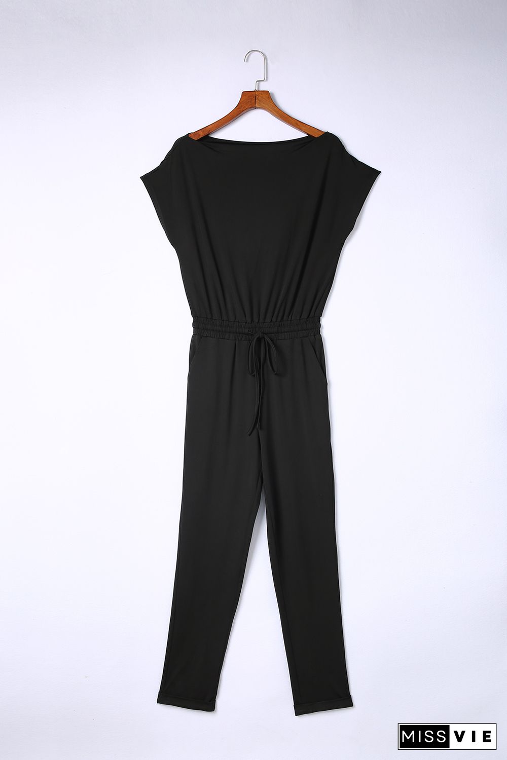 Black Tie Waist Short Sleeve Tapered Jumpsuit