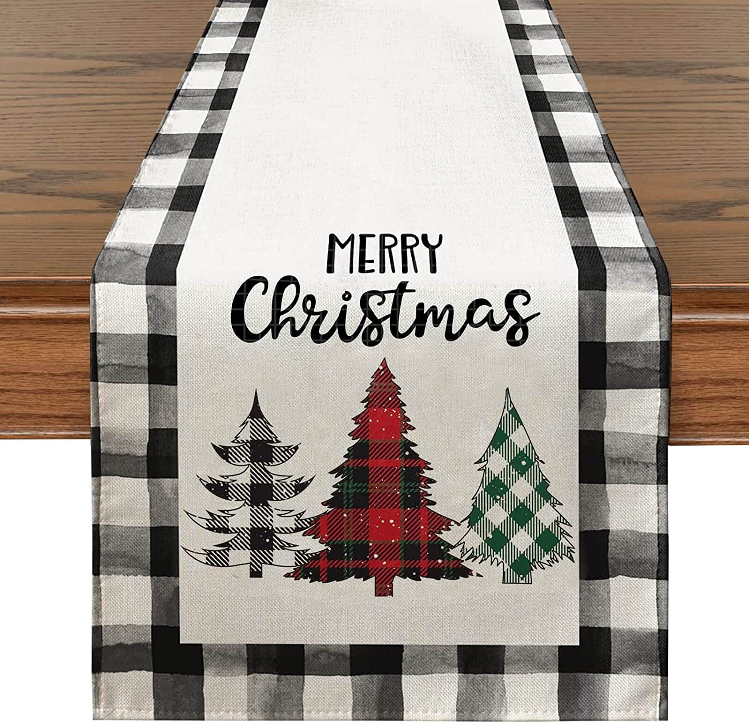 JOOCAR Christmas table runner， classic red and black Buffalo plaid Christmas tree for Christmas kitchen table table holiday decoration