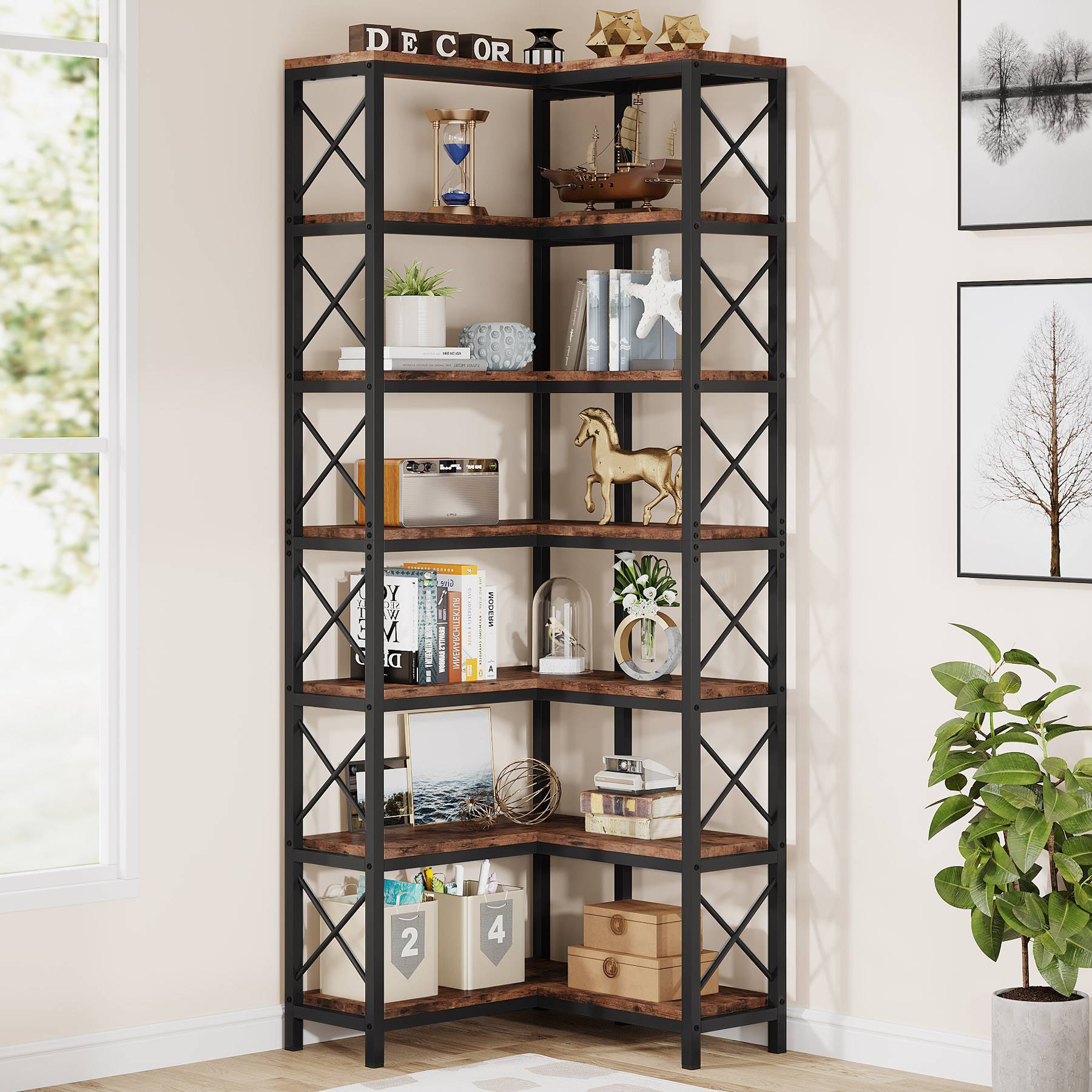 7-Tier Corner Bookshelf Corner Bookcase Storage Display Rack