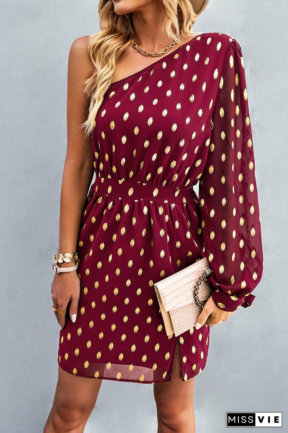 Foil Spot Print One Shoulder Long Sleeves Mini Dress