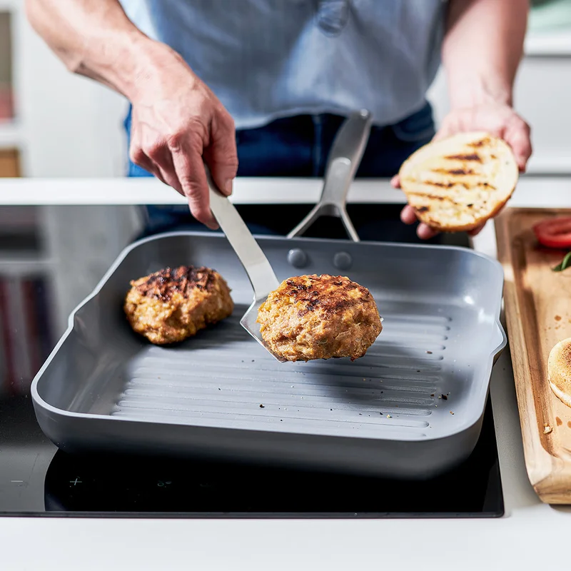 GreenPan Paris Pro Hard Anodized Healthy Ceramic Nonstick， 11 Square Grill Pan， PFAS-Free， Dishwasher Safe， Grey