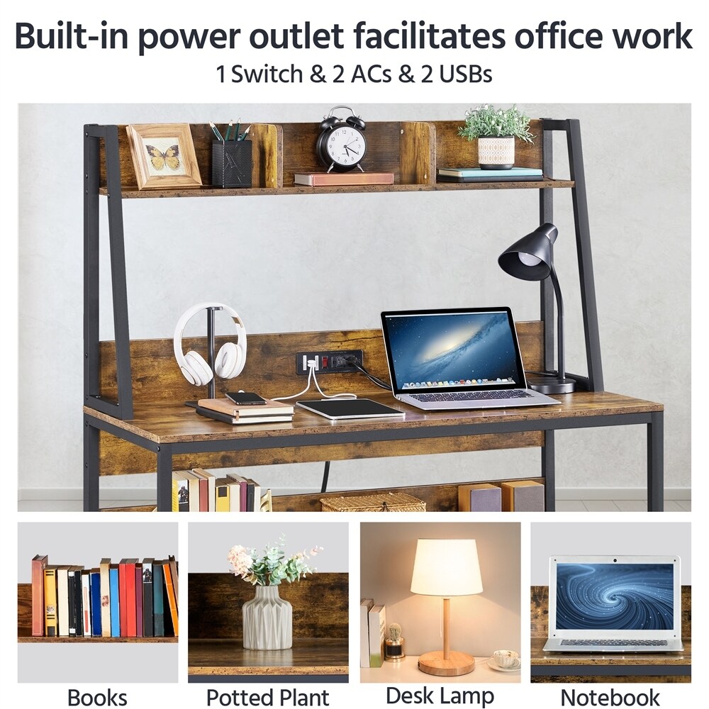 Yaheetech 47.5 inch Home Office Computer Desk with Power Outlet and Elevated Bookshelf