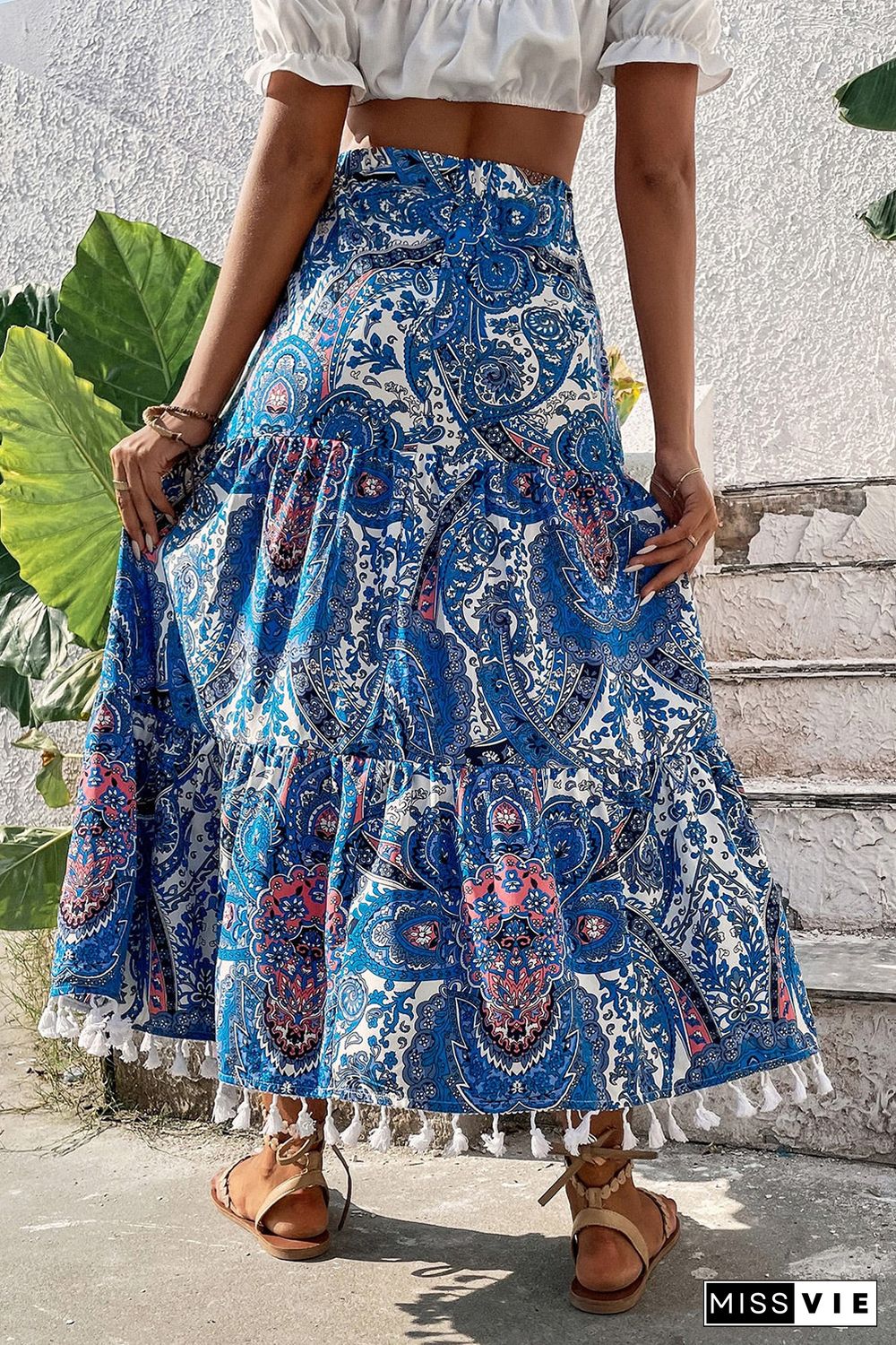 Blue Paisley Print Fringe Hem Boho Maxi Skirt