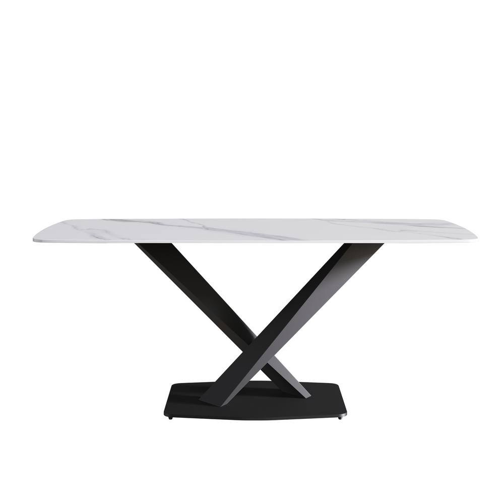 Magic Home 70.87 in. Bottom Radius Rectangular White Sintered Stone Dining Table with Black Pedestal Legs CS-W39517210