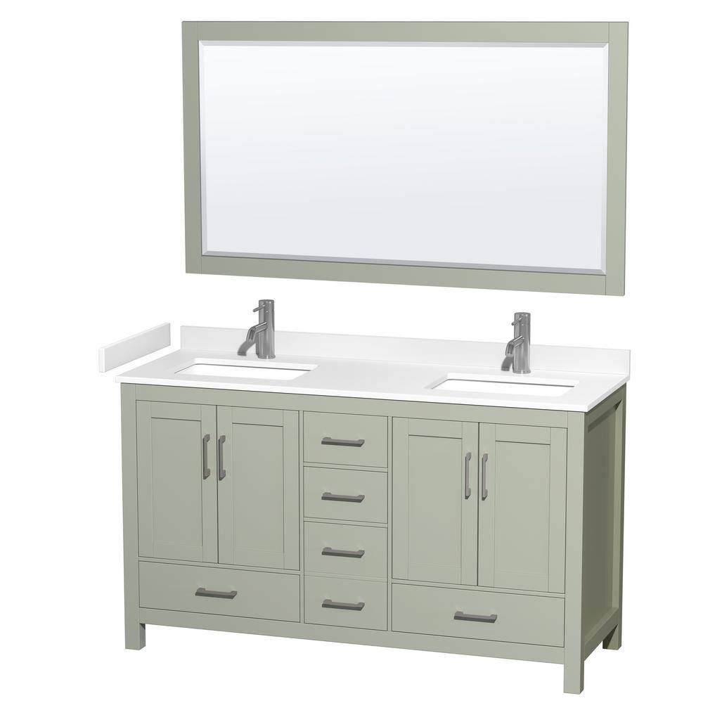 Wyndham Collection 60 in. W x 22 in. D x 35 in. H Double Bath Vanity in Light Green with White Cultured Marble Top and 58 in. Mirror WCS141460DLGWCUNSM58