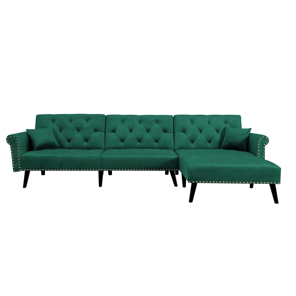 L Shape Velvet Sectional Sofa with 2 Pillows  Button Tufted Nails Convertible Sleeper