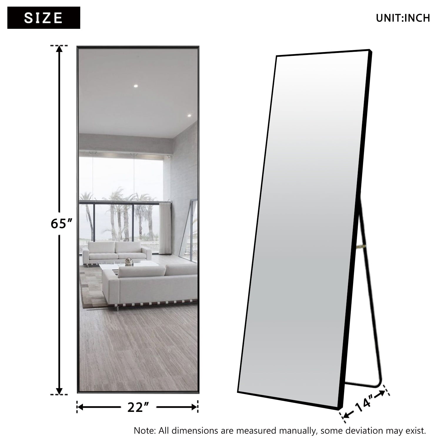 NeuType Full Length Standing Floor Mirror with Aluminum Alloy Thin Frame, Black, 65