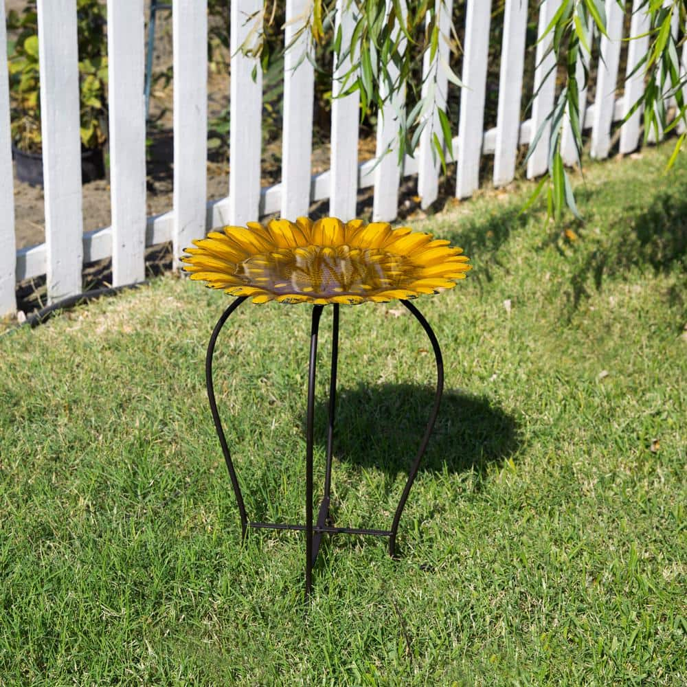 Alpine Corporation 19 in. Tall Embossed Metal Sunflower Birdbath Decoration Yard Statue MAZ470