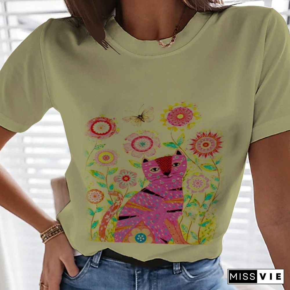 Summer 3D Cute Cat T-shirt Women's Round Neck Street Style Harajuku Loose And Comfortable Fashion Shirt