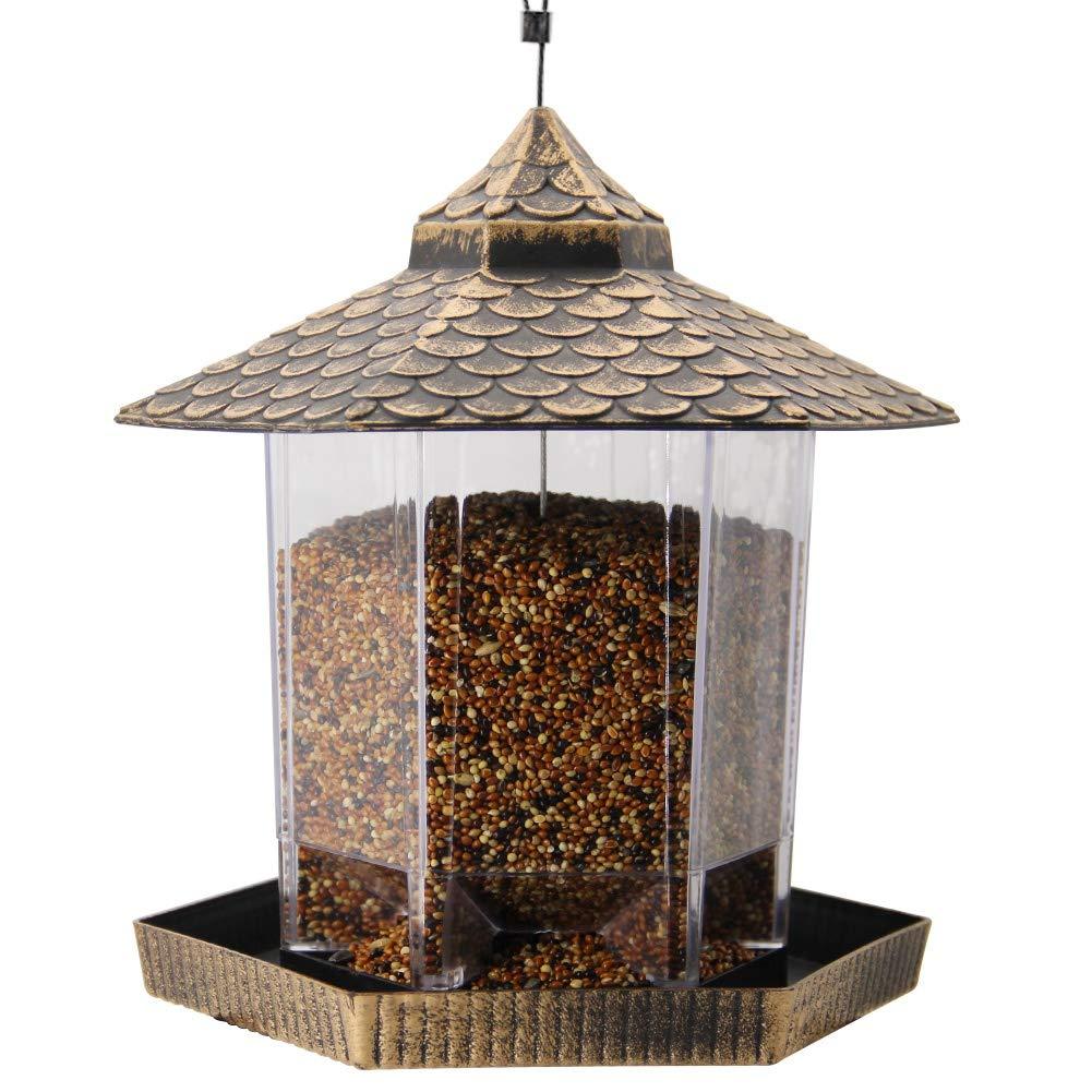 Twinkle Star Wild Bird Feeder Hanging for Garden Yard Outside Decoration， Hexagon Shaped with Roof Bronze