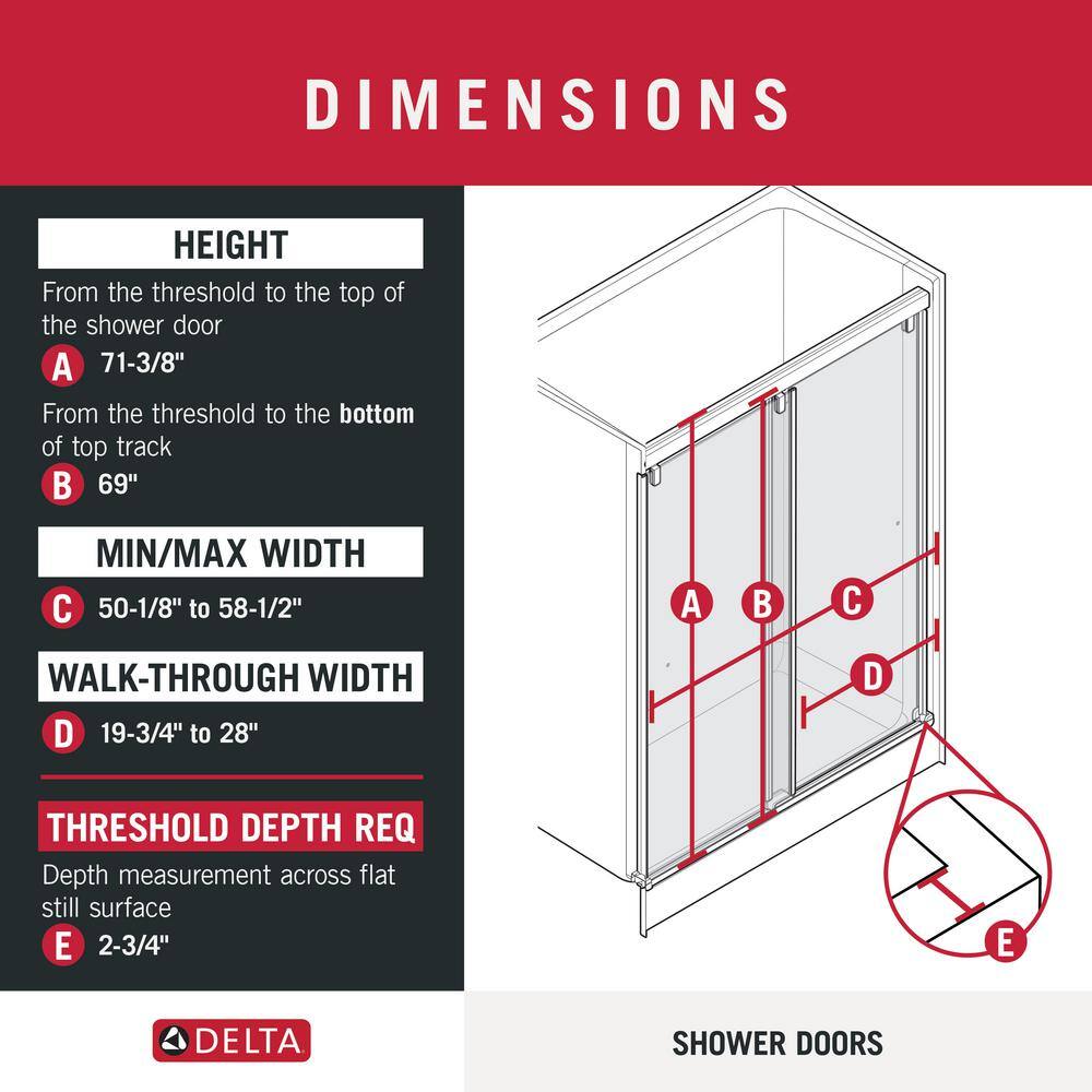 Delta Lyndall 60 in. W x 71-12 in. H Mod Soft-Close Sliding Frameless Shower Door in Nickel with 38 in. Clear Glass SDMSD60-BN-R