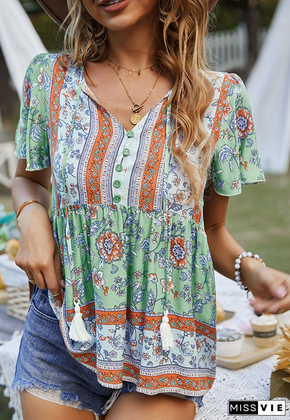 Tie V Neck Peplum Boho Blouse