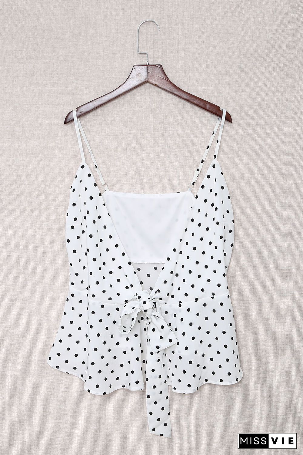 White Polka Dot Print Bow Knot Warp V Neck Cami Top