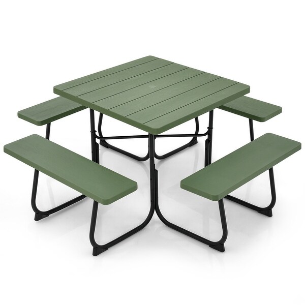 Outdoor Picnic Table with 4 Benches and Umbrella Hole