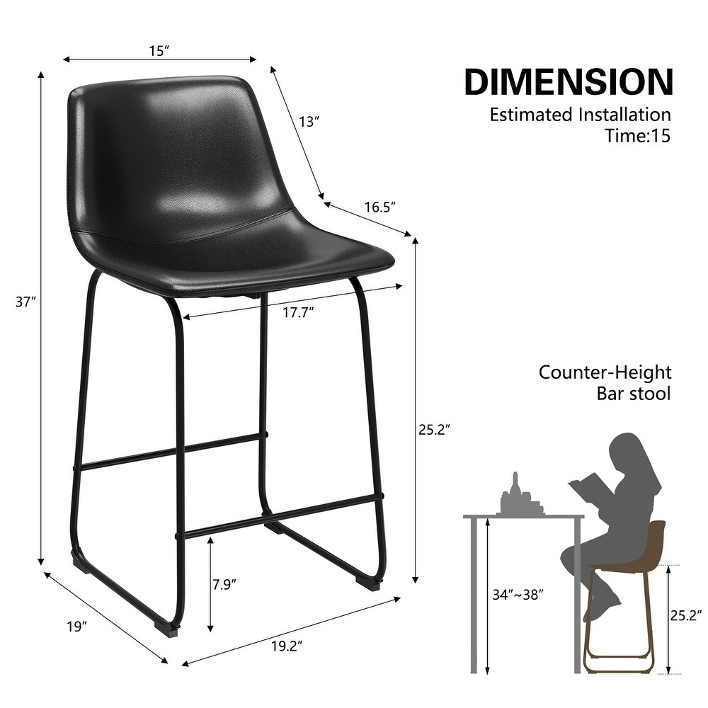 Counter Height Bar Stools Set of 2 PU Leather Barstools with Metal Leg