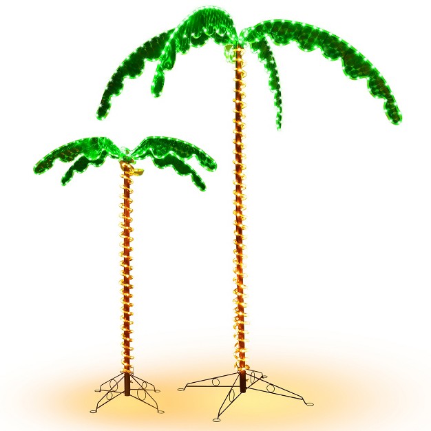 Costway 2pcs 5 Ft and 7 Ft Artificial Trees Tropical Led Rope Light Palm Trees Pre-lit Artificial Decor