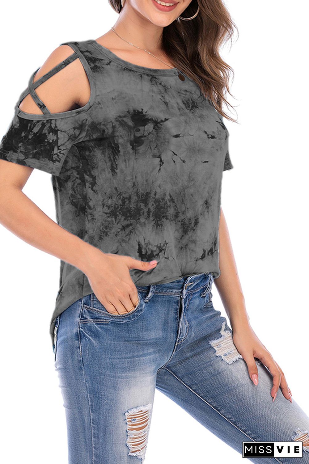 Criss-Cross Short Sleeve Crew Neck Tie Dye T-Shirt Wholesale