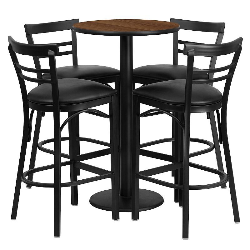 Emma and Oliver 24RD Black Table Set-RD Base-4 2Slat Ladder Back Stools，Black Seat