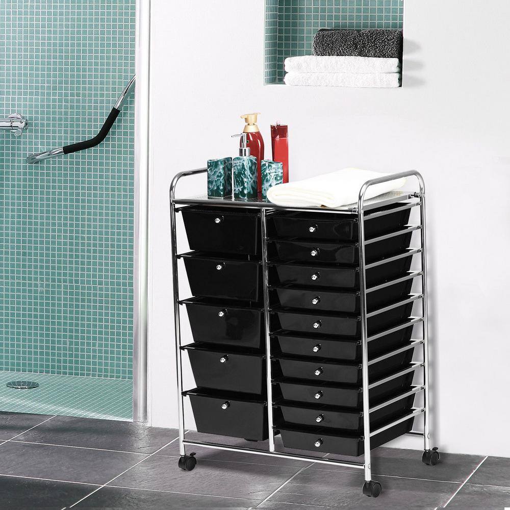 Costway 15-Drawer 4-Wheeled Rolling Storage Cart Tools Scrapbook Paper Office School Organizer in Black HW53825BK