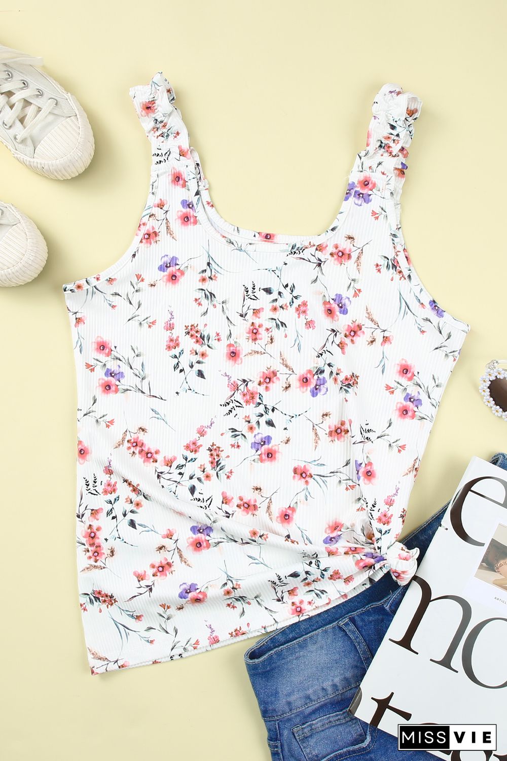 White Ruffle Straps Floral Rib Knit Tank Top