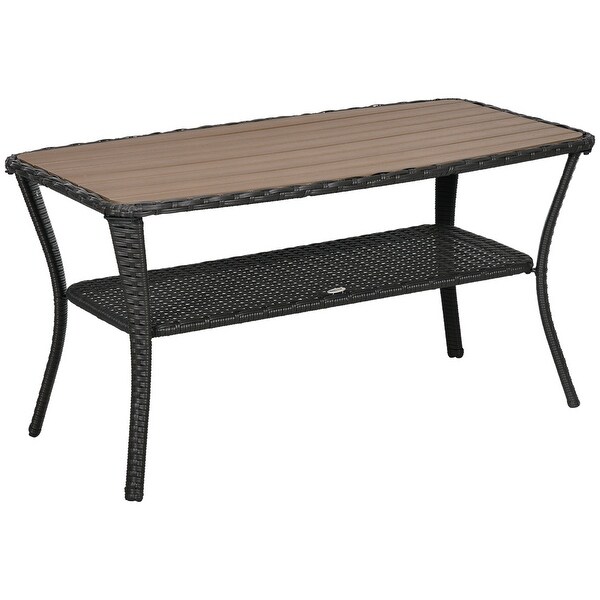 Patio PE Rattan Coffee Table with Storage Shelf，HandWoven Wicker Side Table，2Layer Table with Woodplastic Composite Top