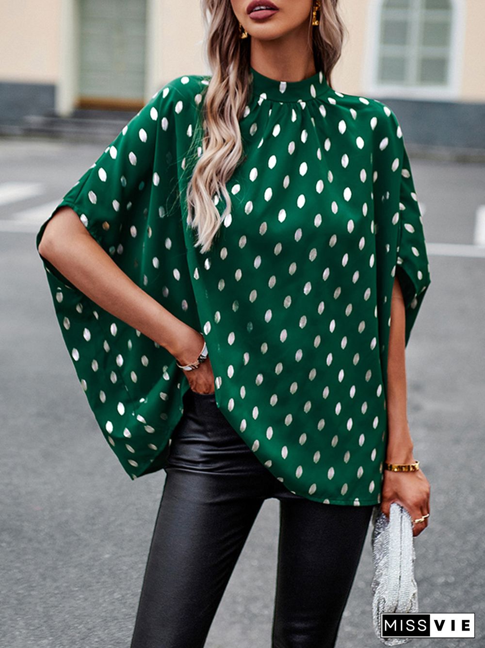 Loose Bandage Polka Dot Round-Neck Blouses&Shirts Tops