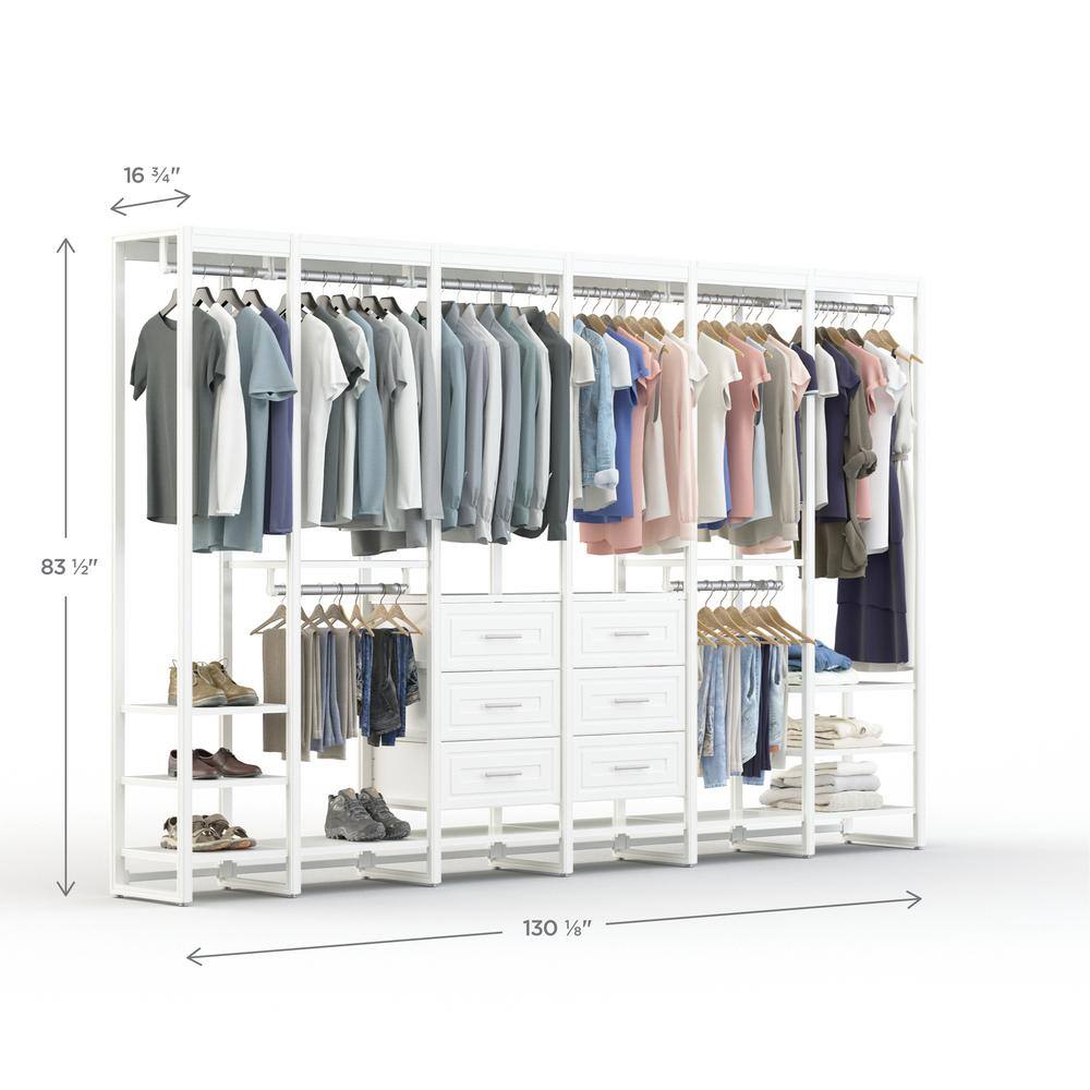 CLOSETS By LIBERTY 132 in. W White Adjustable Wood Closet System with 16-Shelves 6-Rods and 9-Drawers HS47557-RW-11