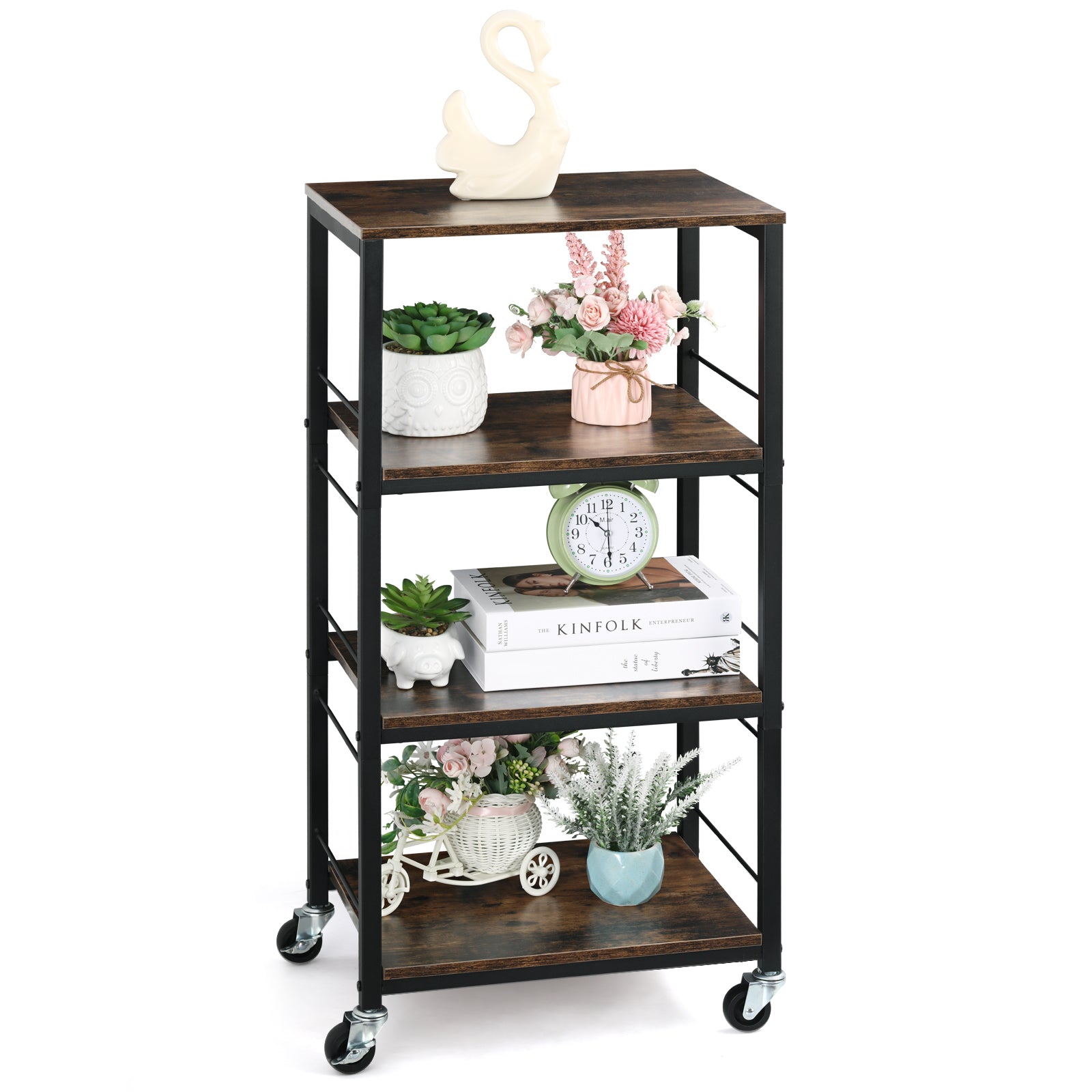 Standing Kitchen Utility Storage Shelf Rack， 4-Tier Kitchen Baker’s Rolling Cart on Wheels ，12.8D x 16.9W x 34.6H