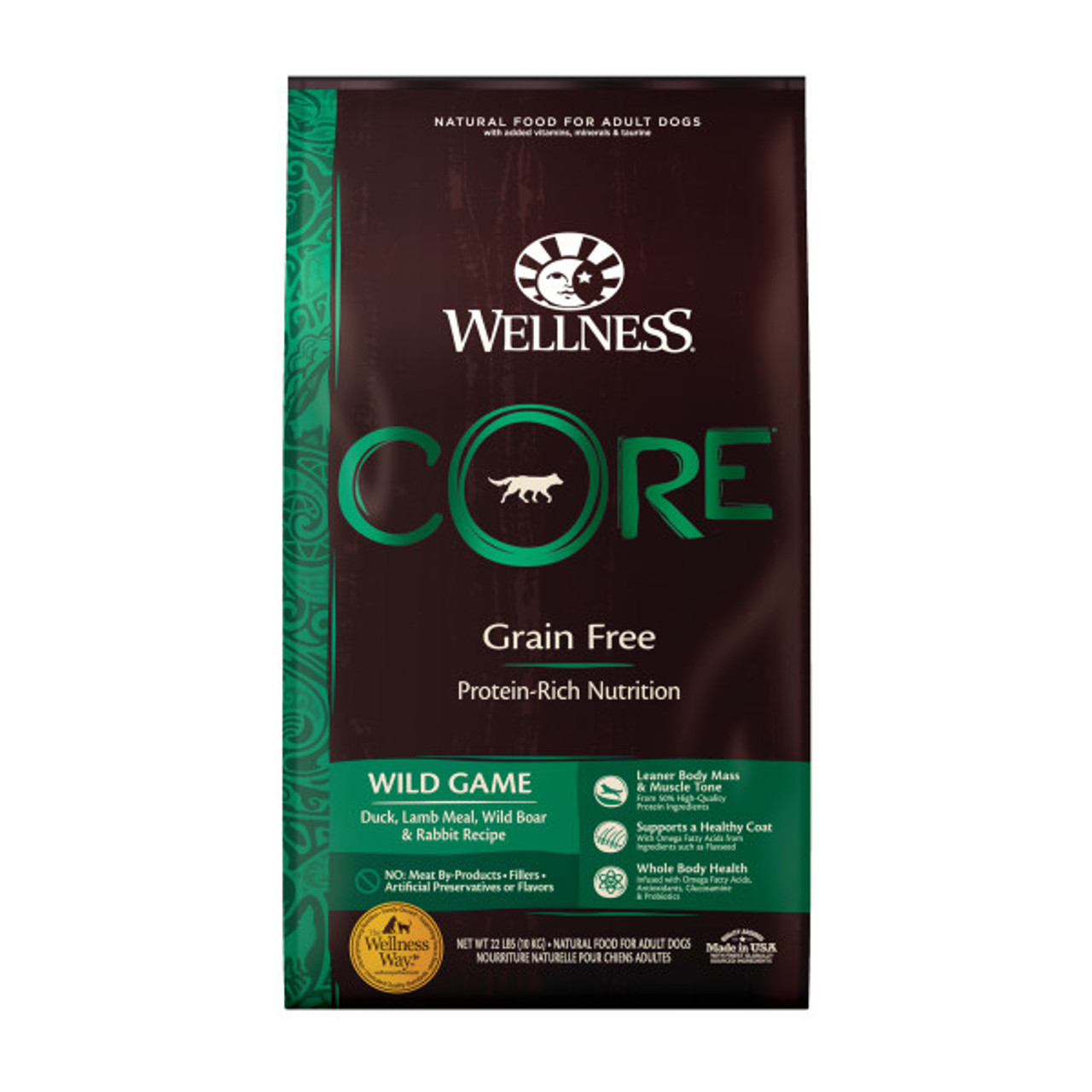 Wellness CORE Grain-Free Wild Game Duck， Turkey， Boar and Rabbit Recipe Dry Dog Food， 22 lb. Bag