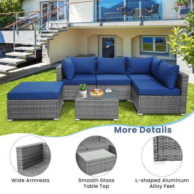 Costway 6pcs Patio Wicker Furniture Set Cushioned Sectional Sofa Coffee Table Navy Deck