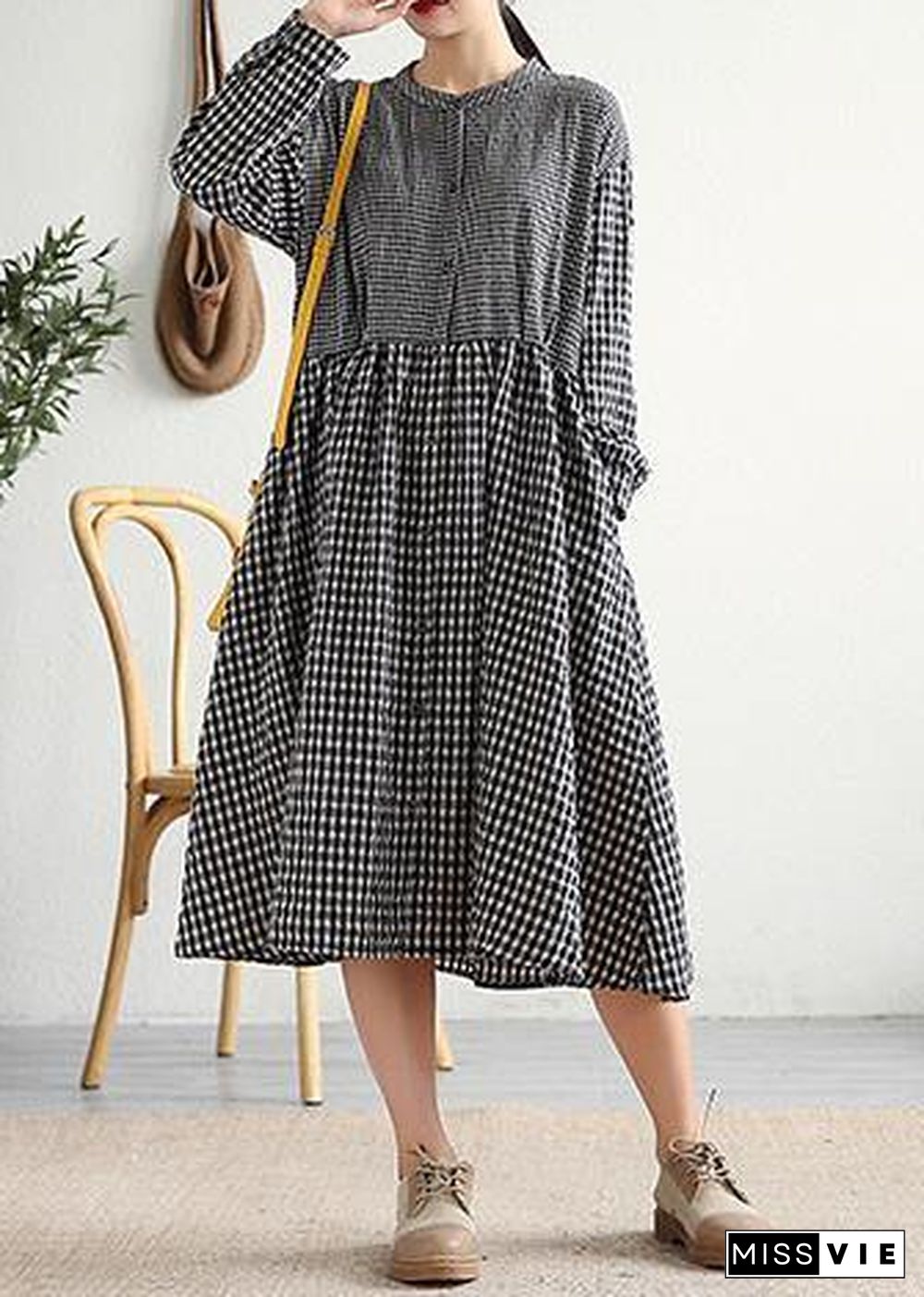 Bohemian o neck patchwork cotton linen Long Shirts Work Outfits black plaid Dress