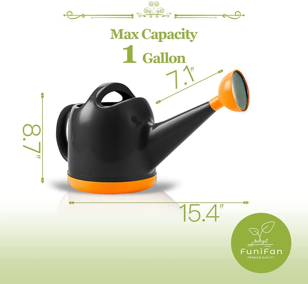 Funifan 1 Gallon Watering Can for Indoor and Outdoor House Plants， Detachable Shower Head Long Spout， Plastic (4L， Black Orange)