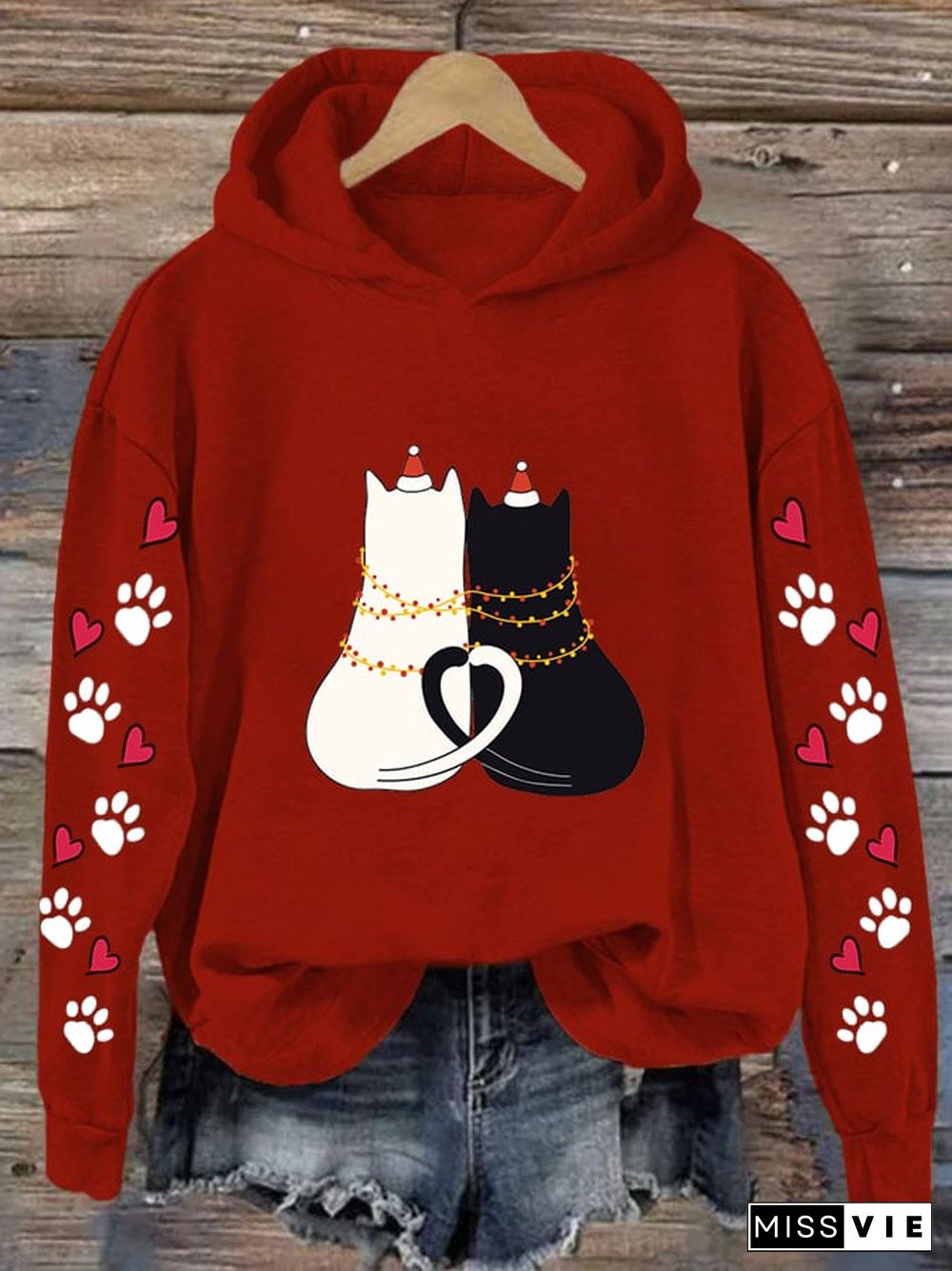 Women's Christmas Cat Love Print Casual Hooded Sweatshirt